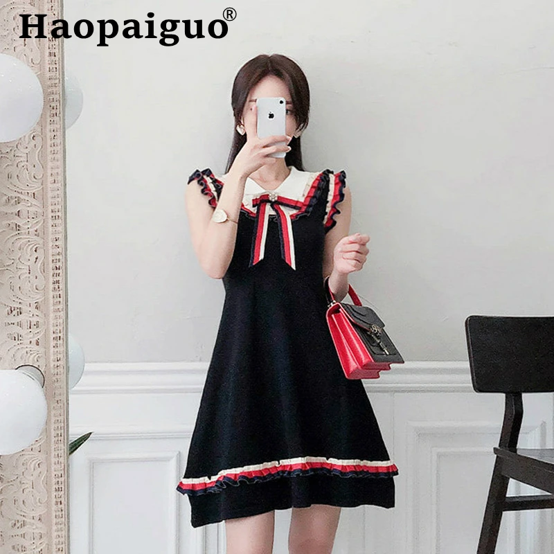 

Preppy Style 2019 Summer Korean Black Knitted Dress Women Peter Pan Collar Corset Ruffles White Dress Women Mini Club Dresses