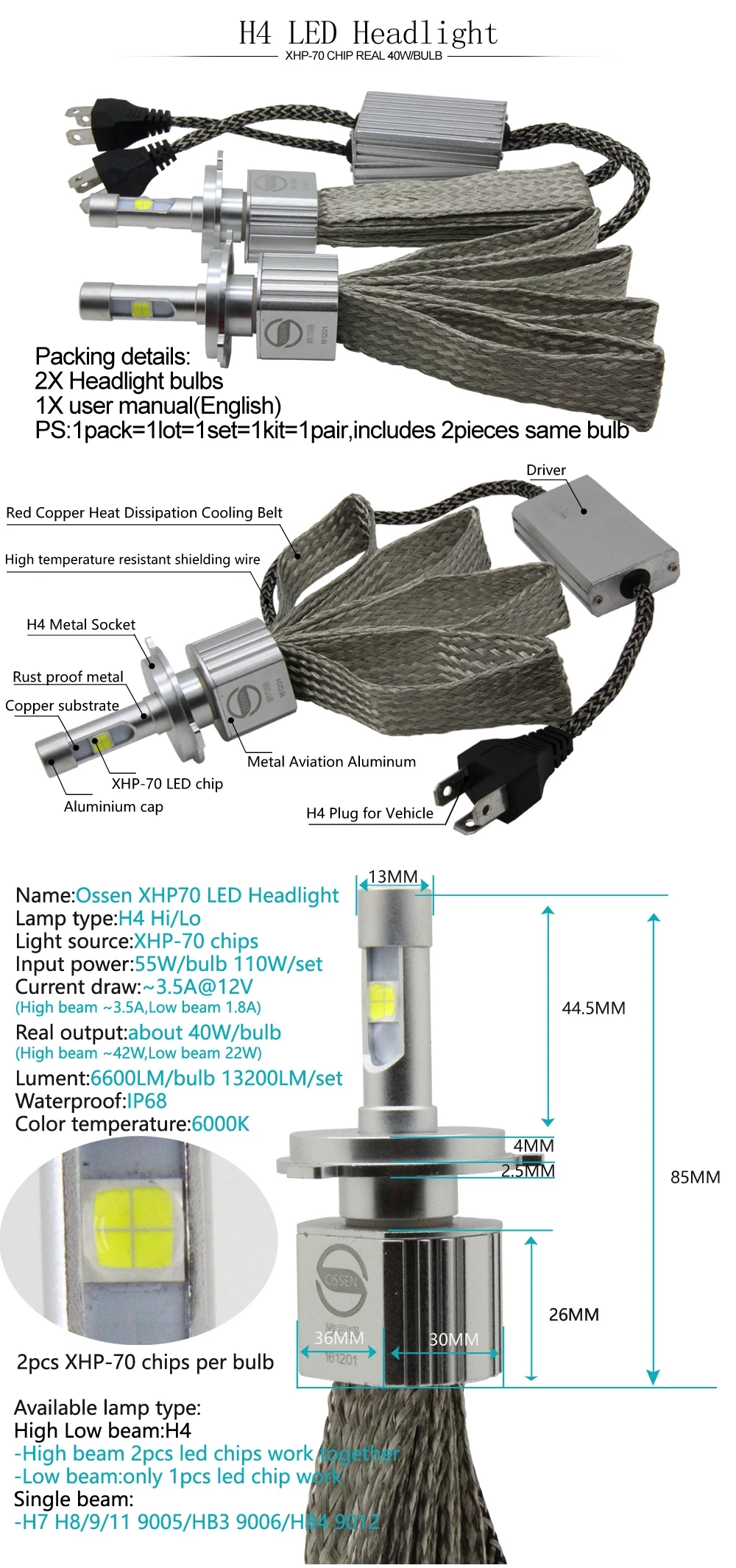 P70 XHP70 Car LED Headlight H4 Hi Lo 55W XHP-70 chips 6600LM H4-3 High Low Beam Motorcycle Headlights Bulb H7 H11 9005 9006 9012 H4