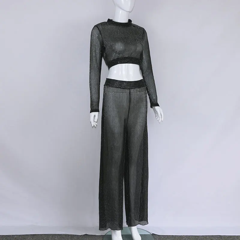 2018-Women-Tracksuits-Glitter-Sheer-Mesh-Long-Sleeve-Perspective-Tshirt-and-Wide-Leg-Long-Pants-Suit (2)