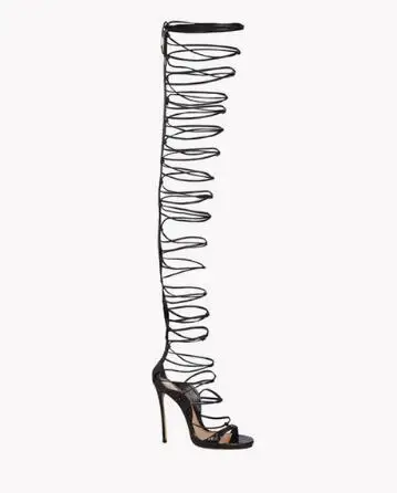 Высокие сандалии до бедра; цвет золотой, черный; пикантные высокие сапоги-гладиаторы с вырезами; женские сапоги на высоком каблуке со шнуровкой на платформе в стиле Рианны