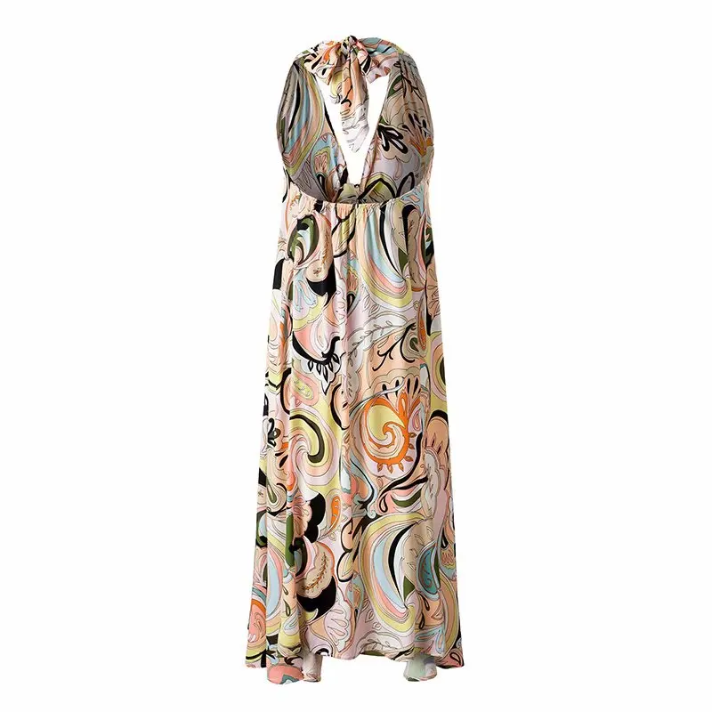 

Sling Dress Womens Summer Bohemian Medium and long Section Printing Evening Party Beach Open back Dress Neck Sexy Wild Dress