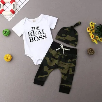 

Summer Baby Boy Clothes Letter Print Short Sleeve Bodysuit+Casual Elastic Long Pants +Camouflage Hat Set Erkek Bebek Giyim