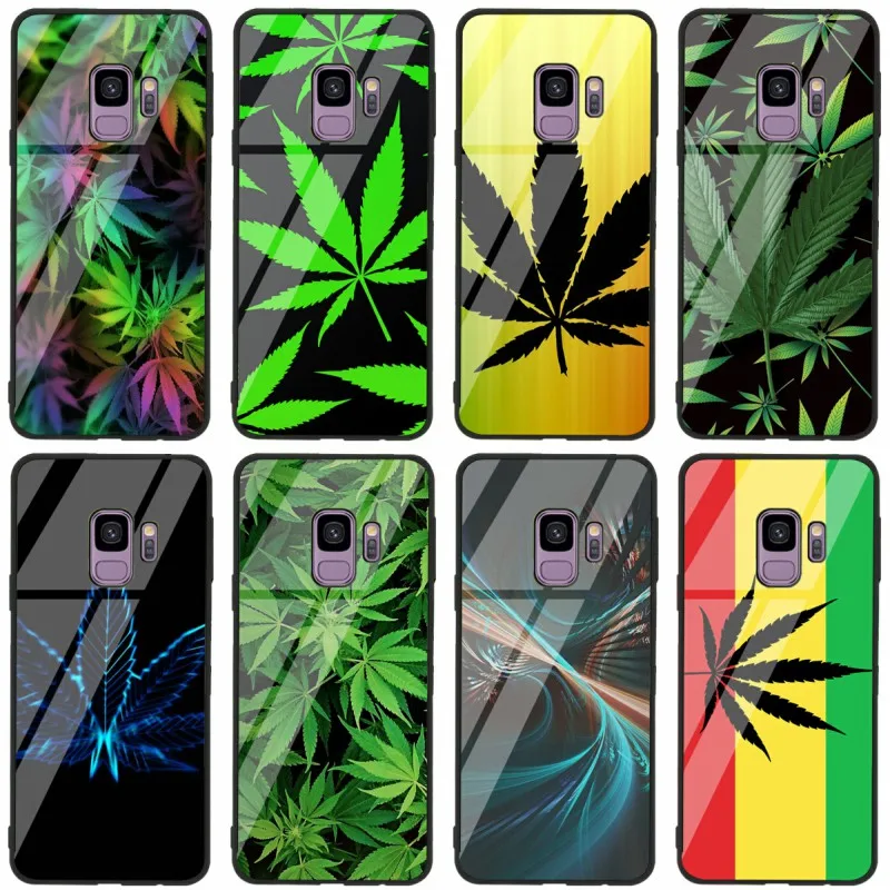 

Tempered Glass Phone Case For Samsung Galaxy S8 S9 S10 PLUS A6 A6S A8 A8S J6 J8 2018 NOTE 8 9 Tropical weed hemp banana leaves