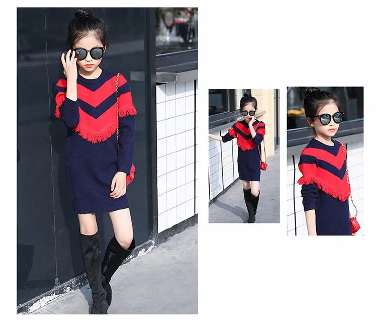 2017 new knitting tassels girls sweater spring autumn winter casual children school clothing preppy style knitted kids sweaters girls dresses 6 7 8 9 10 11 12 13 14 15 16 years old little teenage big girls long sweater dress (15)