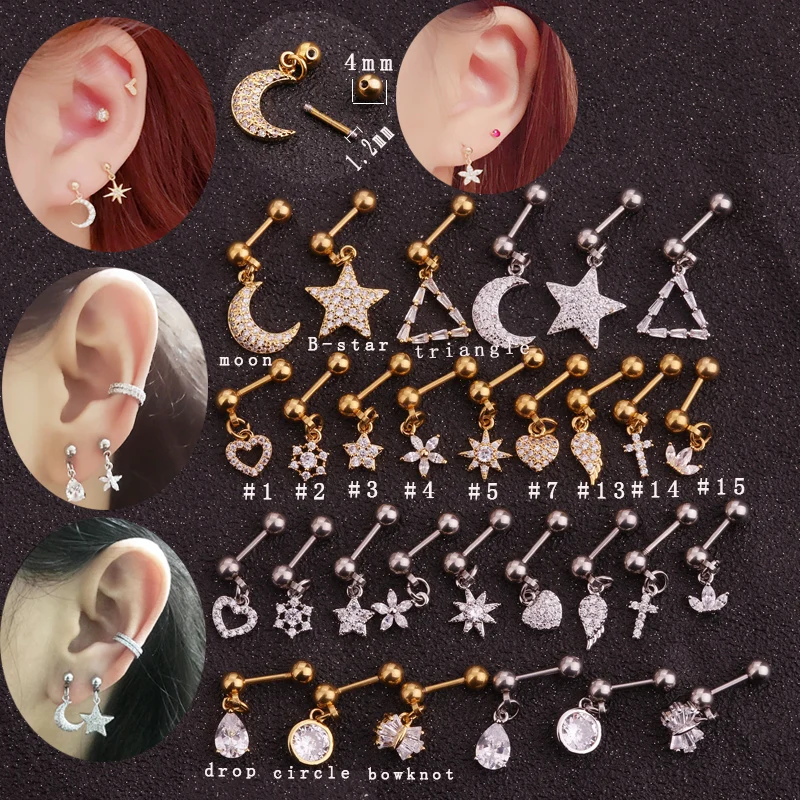 

Sellsets 1 Piece Silver Gold Color Micro Cubic Zirconia Stainless Steel Barbell Tragus Daith Rook Lobe Ear Piercing Jewelry
