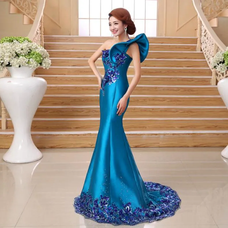 Robe de soiree elegant Blue one shoulder princess mermaid evening dress lace formal vestido de festa prom dresses party dresses