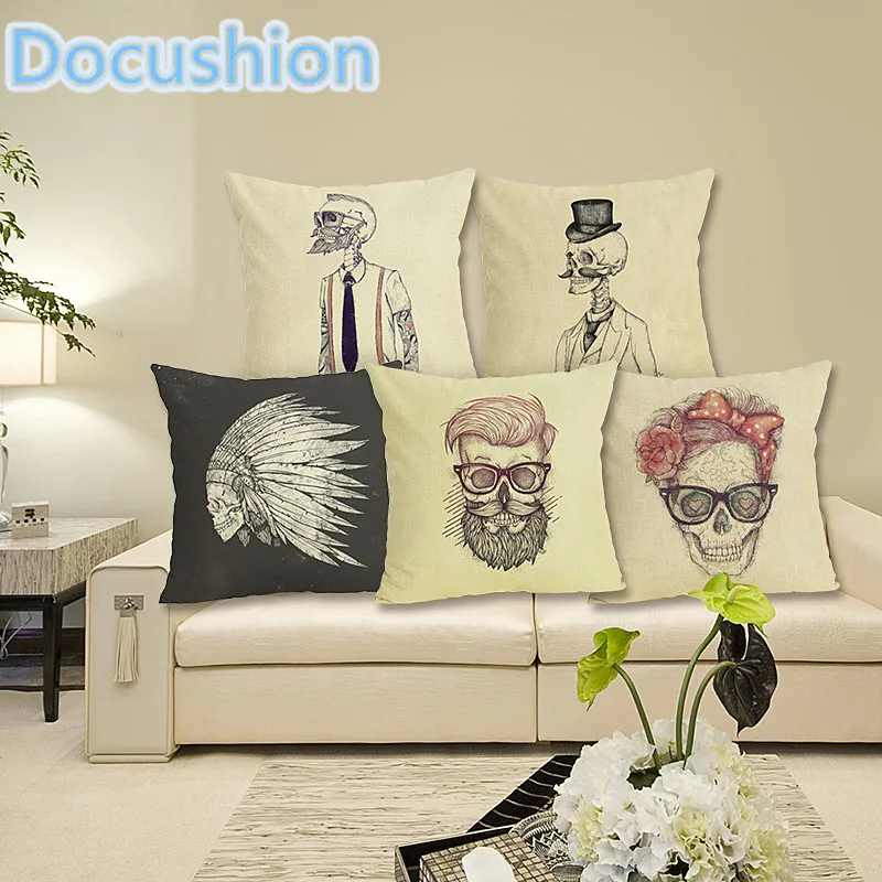 

SKull Print Cushion Cover Cotton Linen Sofa Chair Cushion Case Cartoon Home Decorative Throw Pillow Cover Cojines 45x45cm