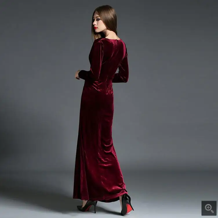 2017 elegante velluto con scollo a v sexy vintage cerimonia abiti da sera  maxi long manica lunga dress partito di sera rosso verde dress|long sleeve  long dress|long dressgreen dress - AliExpress