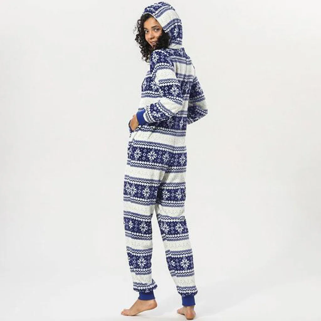 spesifikasi 2019 Wanita Biru Bergaris Kepingan Salju Printing Hooded Flanel Pakaian Latihan Yg Hangat Lengan Panjang Onesies Satu Potong Piyama Hoodie Hangat Set D
