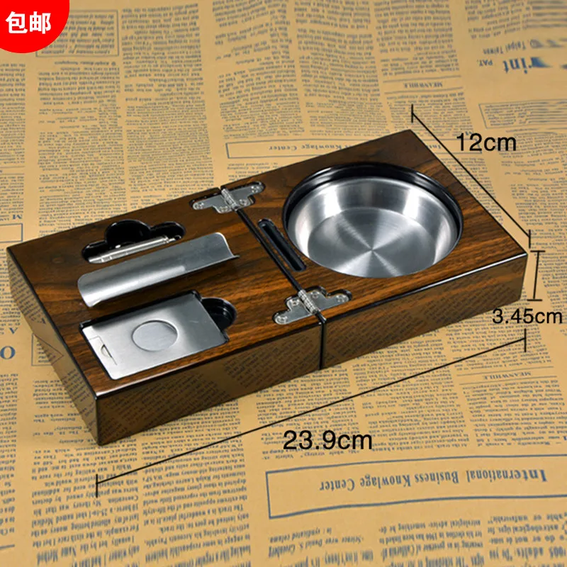  New 1 set Cuban cigar ashtray solid wooden Box stainless steel ashtray + Cigar Punch+Cutter+Holder 