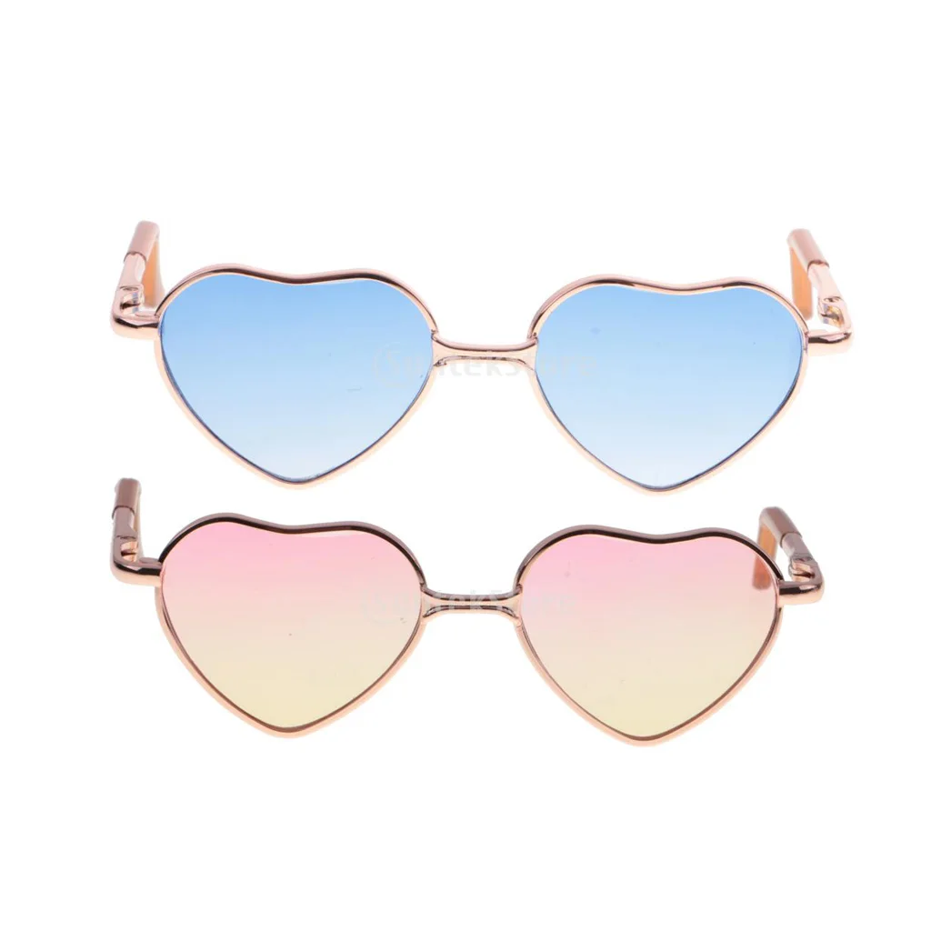2 Pair Cute Gradient Colored 1/6 Heart Shaped Doll Glasses For 12 inch Blythe Doll Gold Frame, Pink+Blue