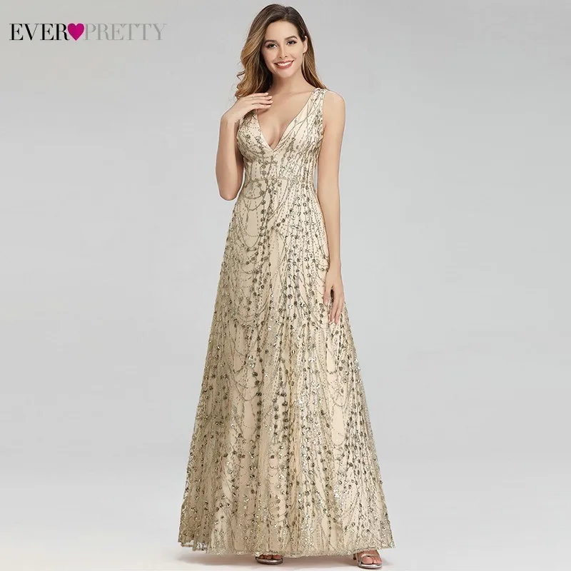 

Sparkle Evening Dresses Long Ever Pretty A-Line V-Neck Sleeveless Sequined Saudi Arabia Formal Dress Vestidos De Fiesta De Noche