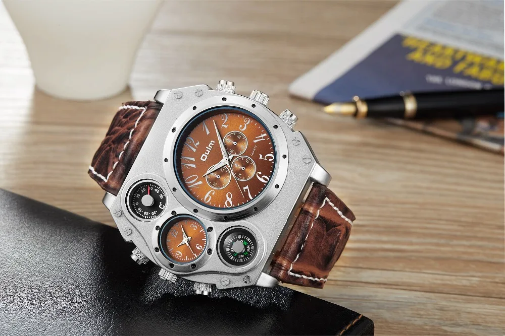 Oulm 1349 для мужчин смотреть армейские спортивные часы с Компасы и украшение-термометр кожаный ремешок кварцевые наручные часы