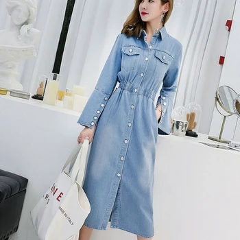 

Slim Single Breasted Sweet Midi Denim Dress Elegant Long Sleeve High Waist Split Jeans Dress Office Cotton Vestido Streetwear