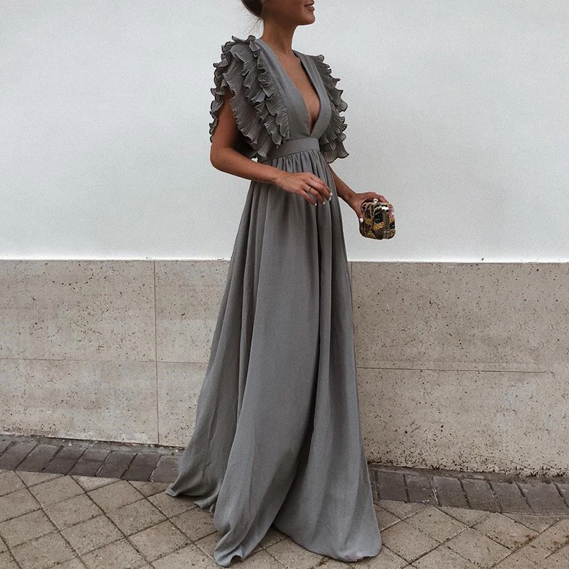 

2018 New Elegant Maxi Dress for Women Summer Ruffles Petal Sleeve Party Sexy Deep V-neck Backless Long Dresses Vestidos 6Q2314
