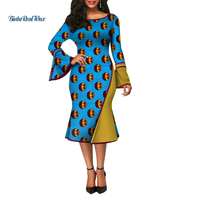 Африканские платья для женщин Bazin Riche восковые платья с принтом в стиле пэчворк африканская Дашики стильная одежда Платья с оборками и рукавами WY3903