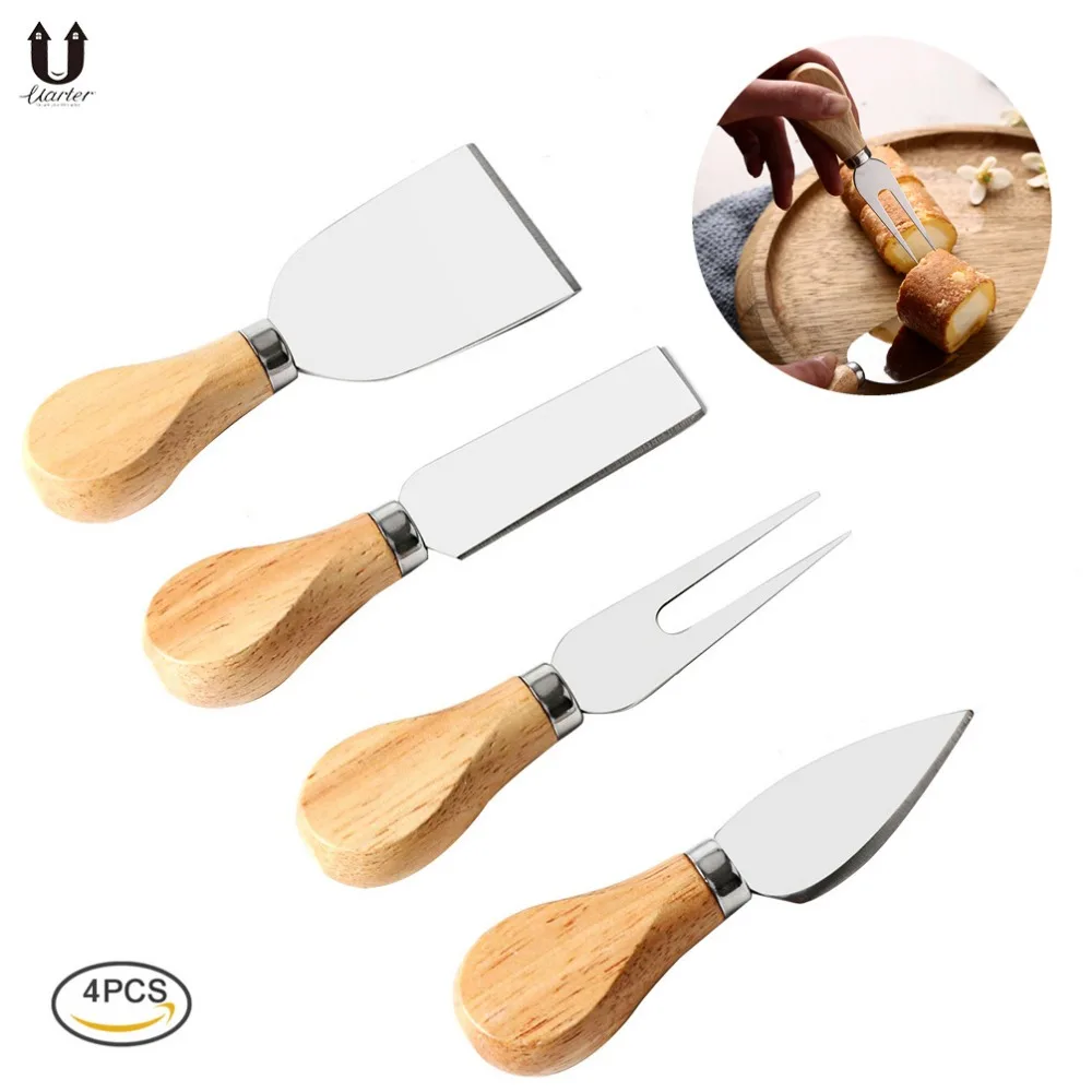 

Uarter 4pcs Stainless Steel Cheese Slicer Butter knife Set Cheese Butter Cake Board Cutter Tool Set Cutting Knife with Wooden Ha