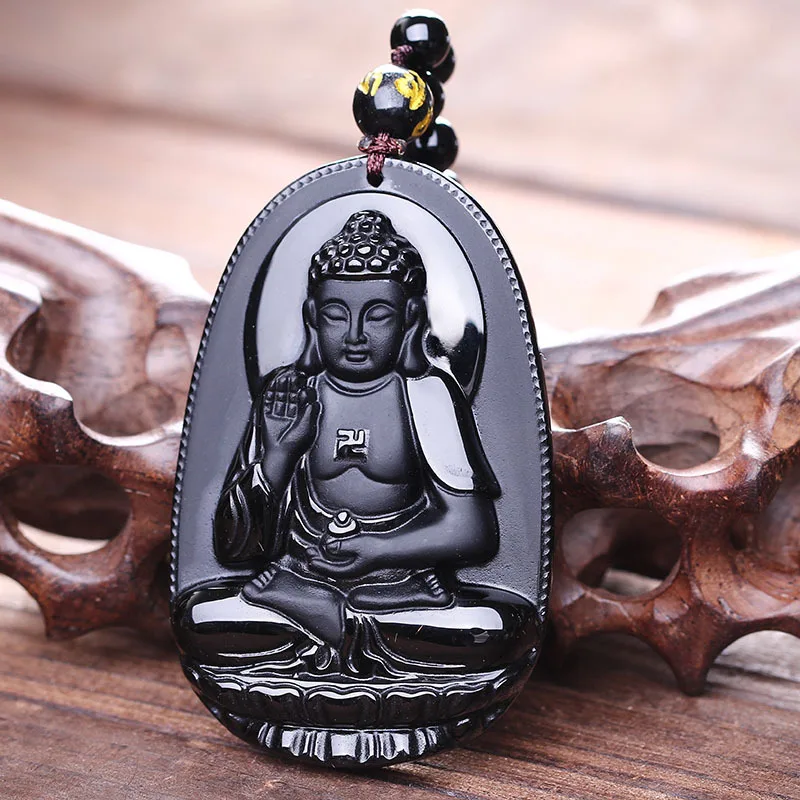 Amitabha черный Обсидиан Резной Будда счастливый амулет кулон ожерелье для женщин мужчин Подвески Ювелирные изделия Прямая