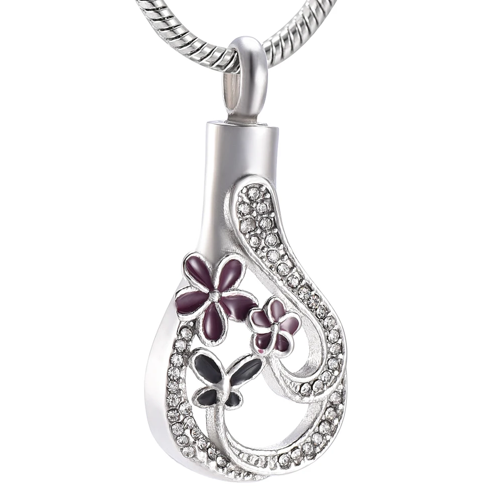 

KLH9973 Newest Purple Flower Butterfly Teardrop Cremation Pendant Urn Necklace with Crystals