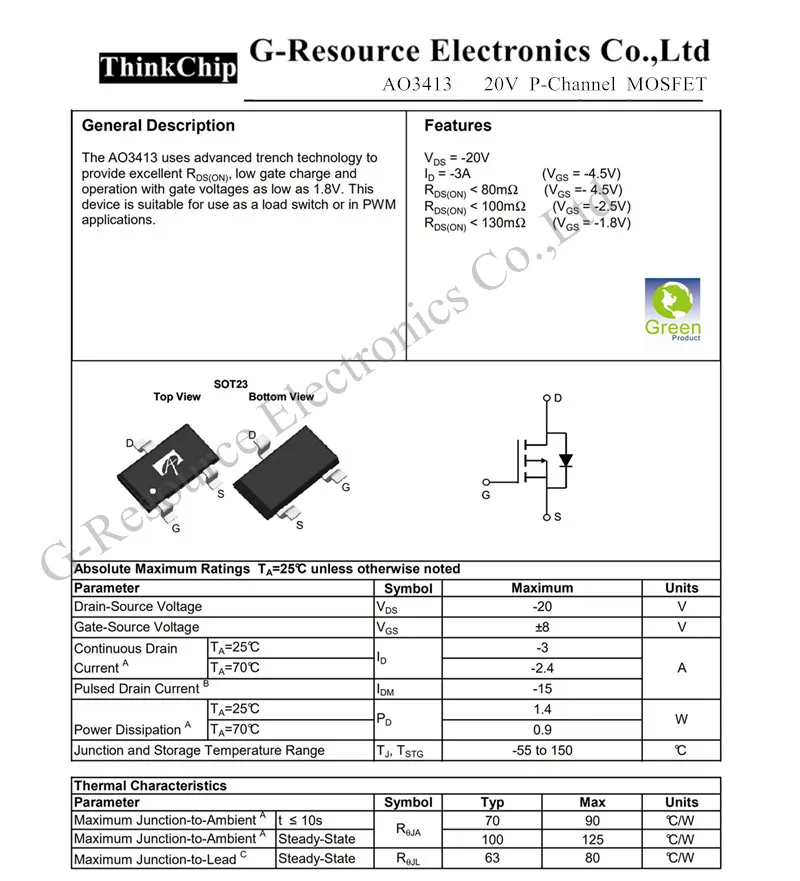 50 шт./лот AO3413 AS5V SOT-23 P-Channel-20 V-3A(Ta) 1,4 W(Ta) SMD mosfet транзистор