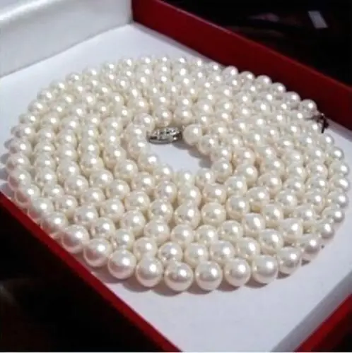 

36" 8-9mm AAA round Akoya white cream pearl necklace 925silver White Gold Clasp