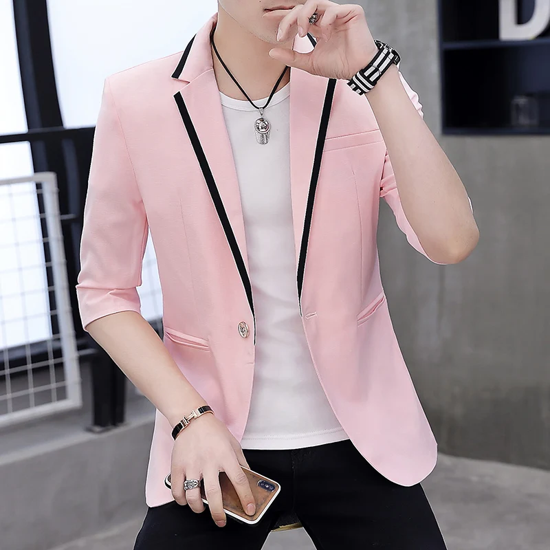 2019 summer men's small suit short-sleeved Korean version Thin costume jacket trend casual Chinese Style pink Blue 2019 summer men's small suit short-sleeved Korean version Thin costume jacket trend casual Chinese Style pink Blue