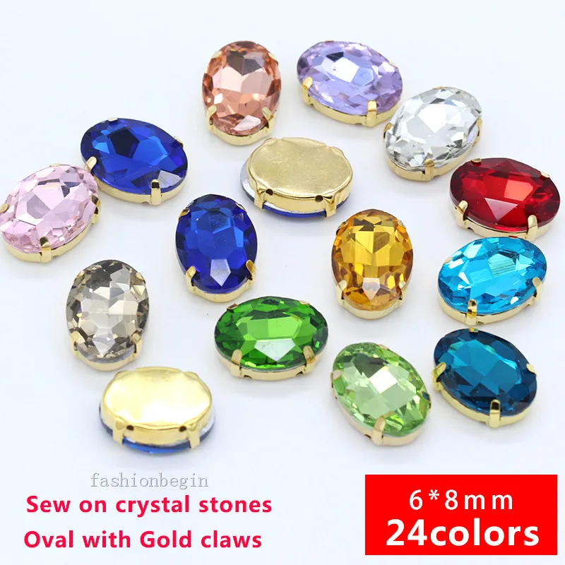 

30p 6x8mm Oval color glass fancy stone flat back sew on crystal diamante rhinestones gold claw button jewelry,dress making beads