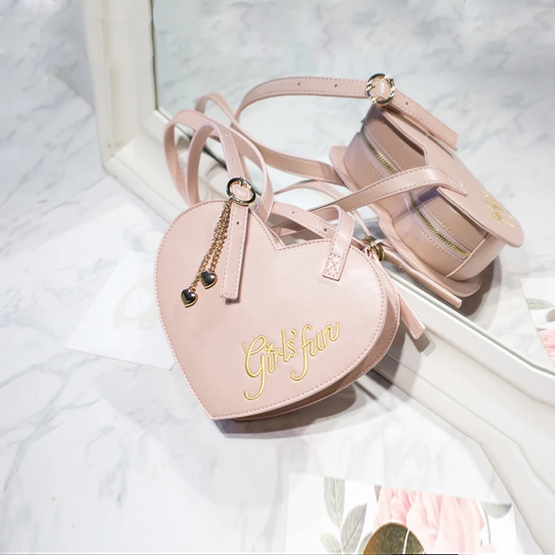 

Harajuku Style Elegance Lolita Girl Heart-shaped Handbag Quality PU Leather Women's Embroidery Handbag Mini Fairy Shoulder bags