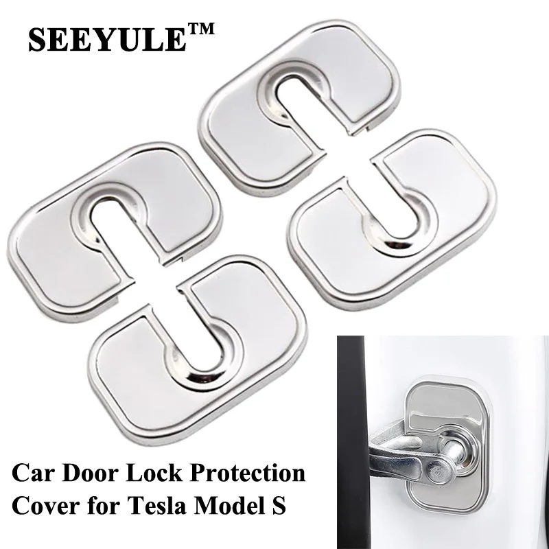 

4pcs/set SEEYULE Stainless Steel Car Door Lock Protective Cover Cap Kit Decoration Sticker for Tesla Model S 2014-17 Accessories