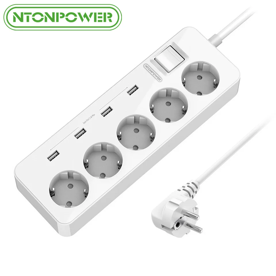 

NTONPOWER MPS EU PLUG USB Extension Socket Power Outlet 5 AC Surge Protector Overload Protection with 4 USB Smart Charging Ports