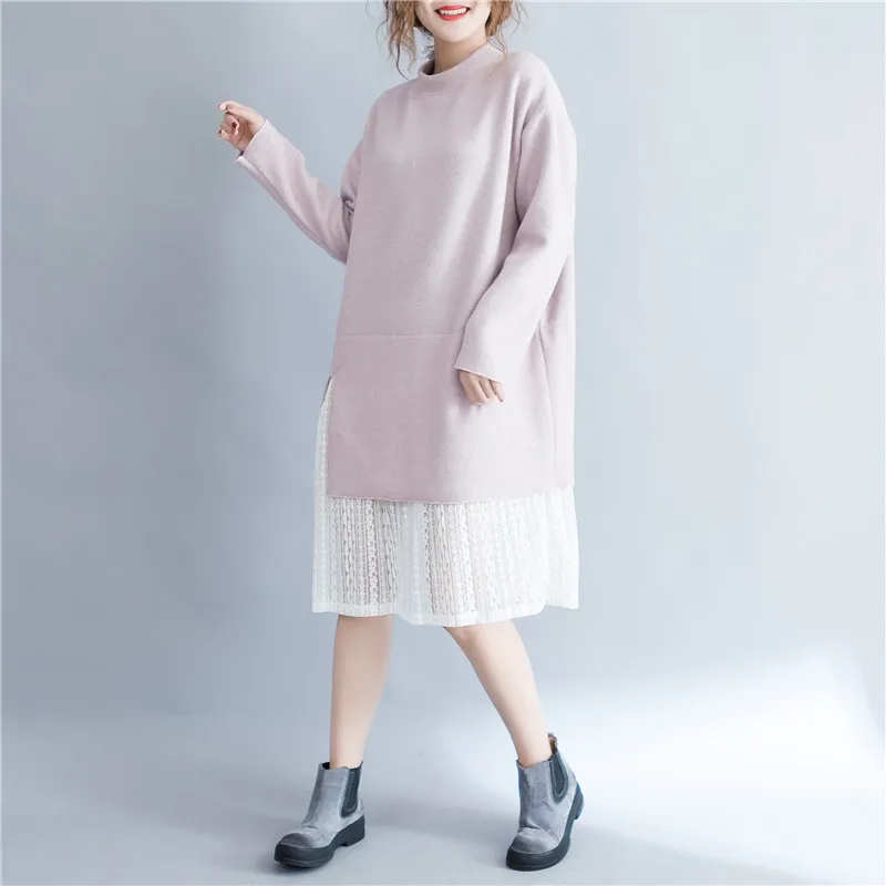 Plus size Dress Women Elegant Loose Turtleneck Lace Patchwork Knitted