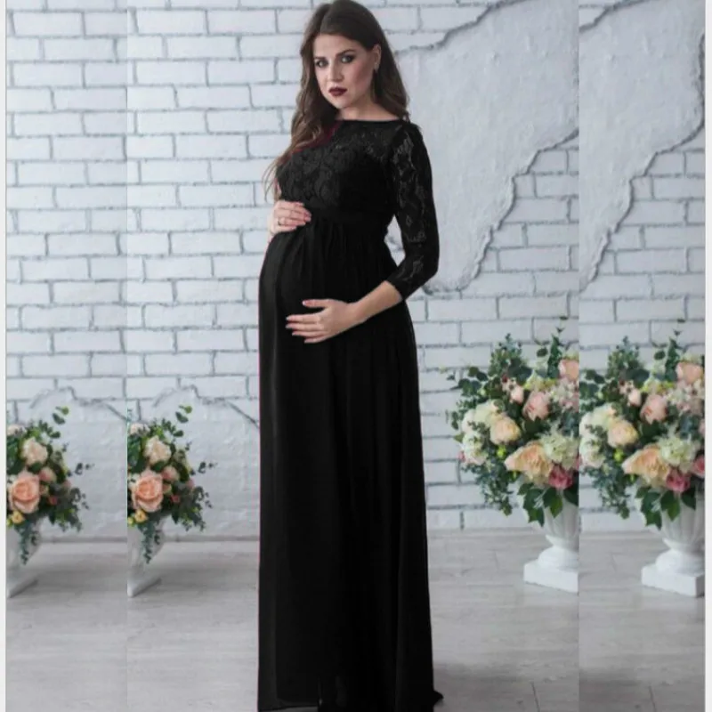 Bungalow Dispersión periodista Vestido largo de encaje para mujer embarazada, prenda de maternidad de  manga larga, talla grande, negro y rojo _ - AliExpress Mobile