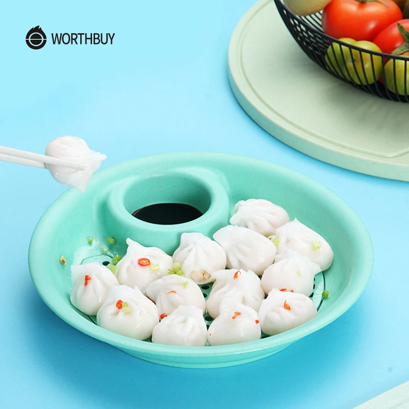 WORTHBUY 1 Pcs Creative Wheat Straw Dumplings Dish Multi-function Dumplings Plate Sauce Snack Dish Fruits Food Container