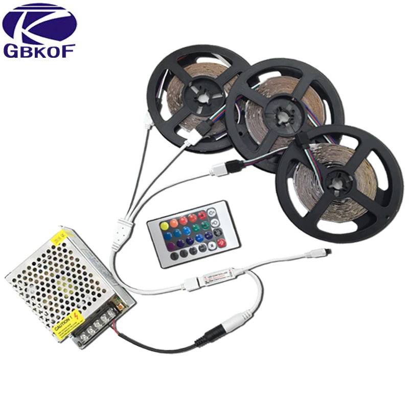 buy SMD3528 RGB LED Strip waterproof non waterproof 5 10 15 20M led Tape diode ribbon with 24Key IR Controller+DC 12V power adapter