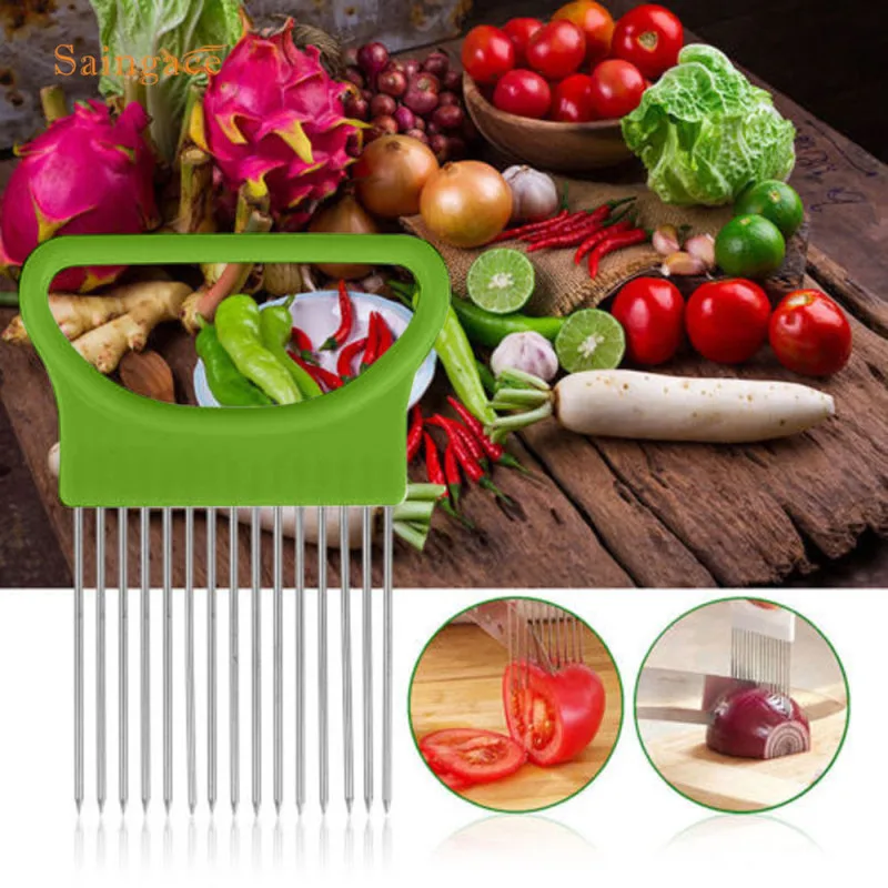 Saingace легко вырезать лук Овощной помидорорезка резак нержавеющая сталь держатель нарезки 1 шт