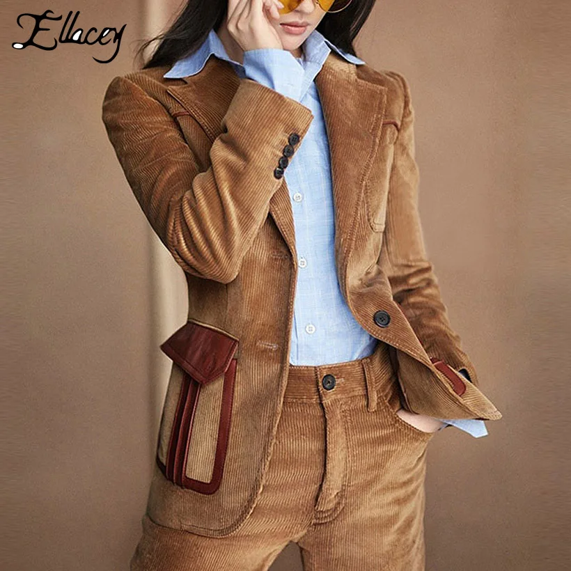 Ellacey 2018 Coffee Corduroy Suit Female Women's Business Pant Suits Stylish Blazer Uniform Women Formal Fashion 2 Pieces Set