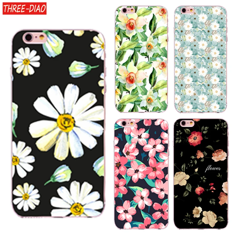 Goede THREE DIAO Kleurrijke Bloemen Geschilderd Telefoon Case voor iPhone X 5 5 s SE 6 6 s 7 8 Plus 4 4 S Soft TPU Silicon Kat Hond case cover