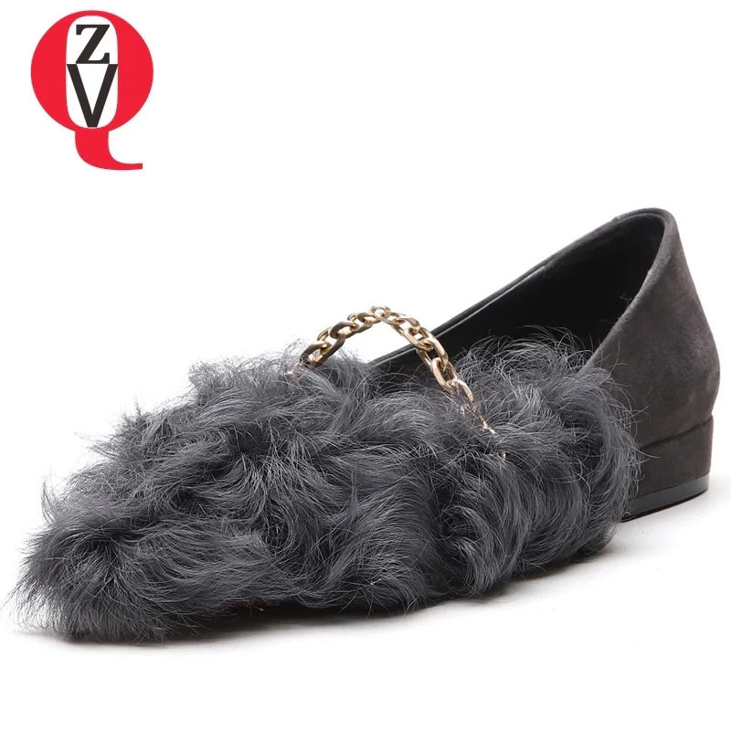 

ZVQ woman flats spring fashion cow suede fur decoration shoes women pointed toe slip-on black grey outside comfortable shoes