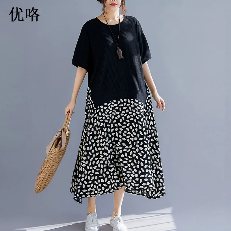 

Big Size Spliced Black Cotton Dress 2019 Summer Fashion Plus Size Fake Two Piece Printed Long Dress Casual Loose Sundress Female