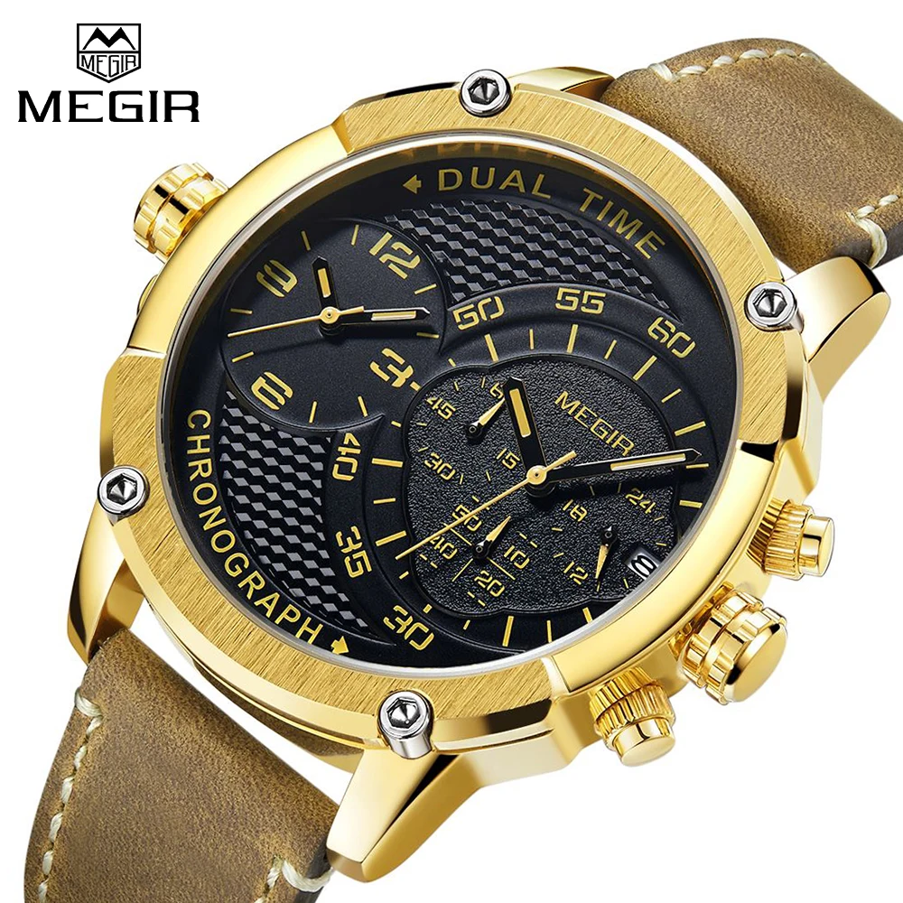 

MEGIR New Mens Watches Top Brand Luxury Fashion Sport Quartz-Watch Leather Clock Men Dual Time Zone Wristwatch relogio masculino