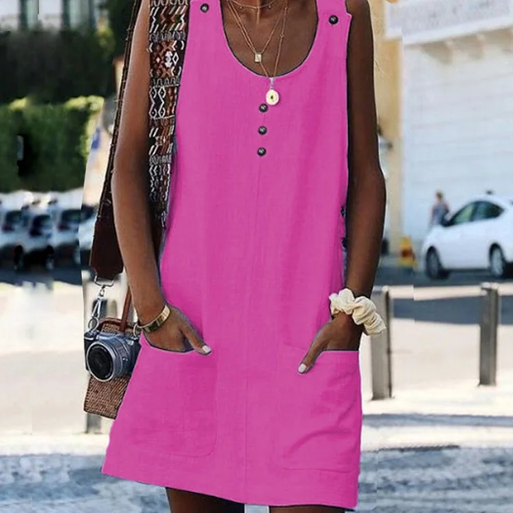 ELSVIOS Новое модное женское платье на пуговицах с круглым вырезом размера плюс S-5XL с карманами из хлопка и льна летнее однотонное пляжное платье без рукавов - Цвет: 01 Rose Red