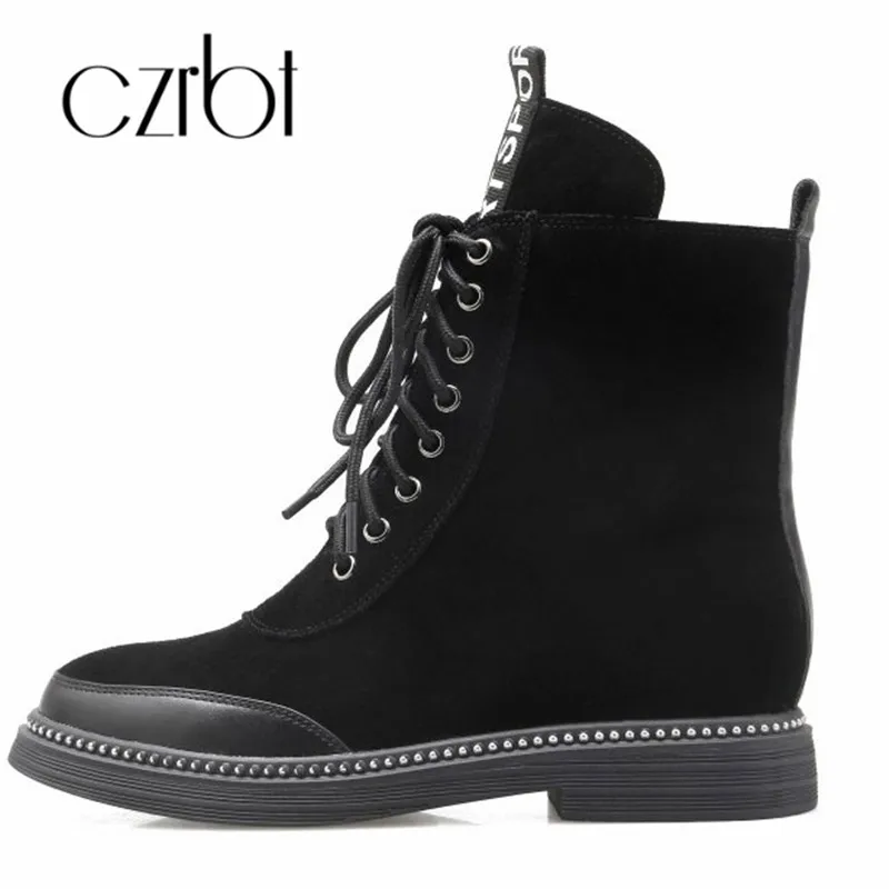 

czrbt 2018 New Stitching Cow Suede Frosted Punk Side Zipper Cross-tie Motorcycle Boots Keep Warm Non-slip Fashio Women Boots