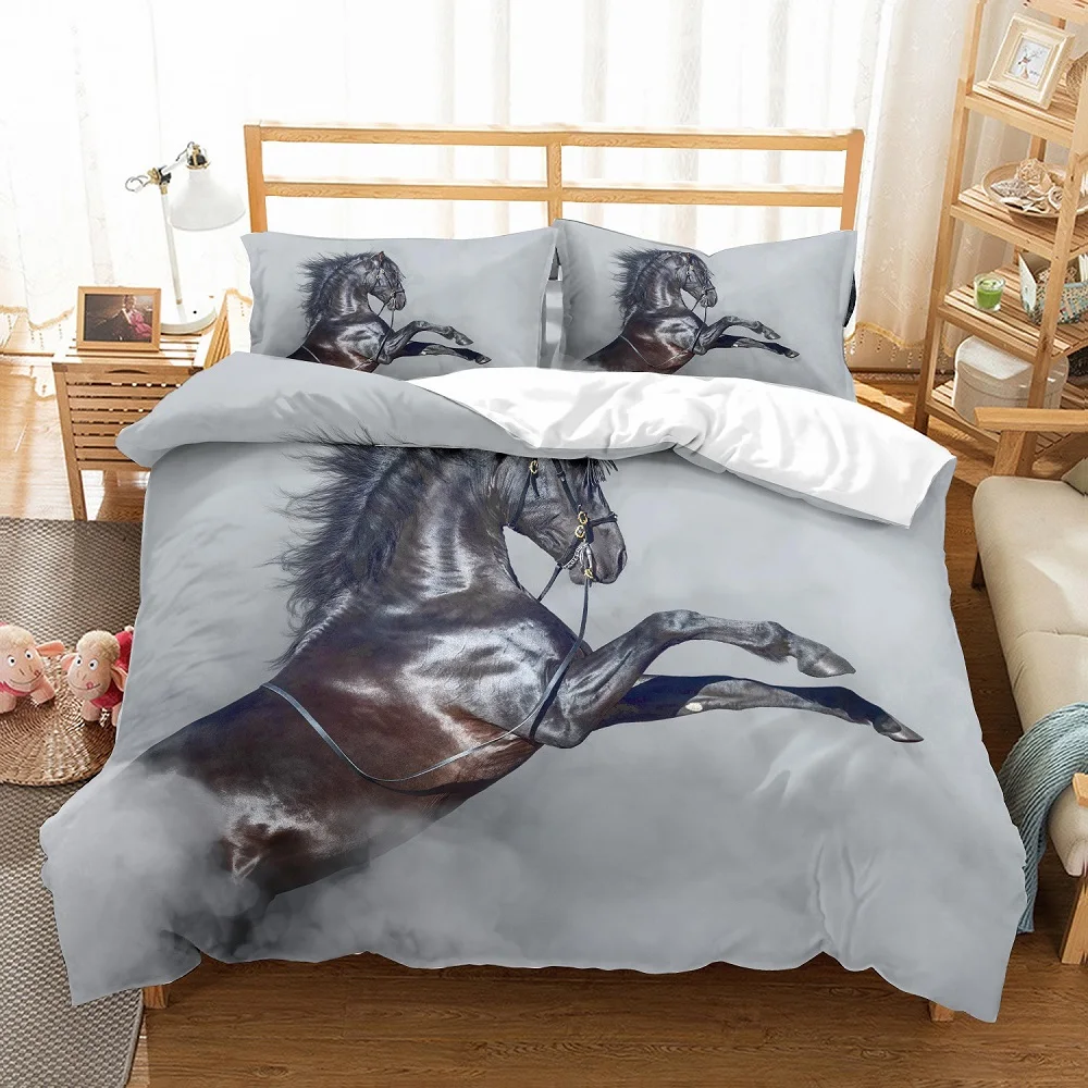 Black Horse Jumping In Foggy Land Silver Gray Duvet Cover Set 3pcs