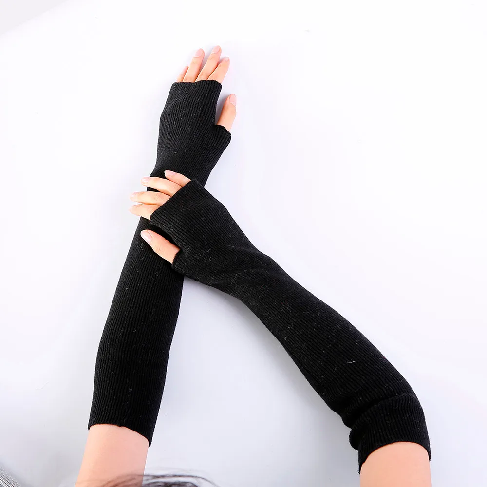 Women Winter Arm Warmers Cashmere Fingerless Long Gloves Solid Warm