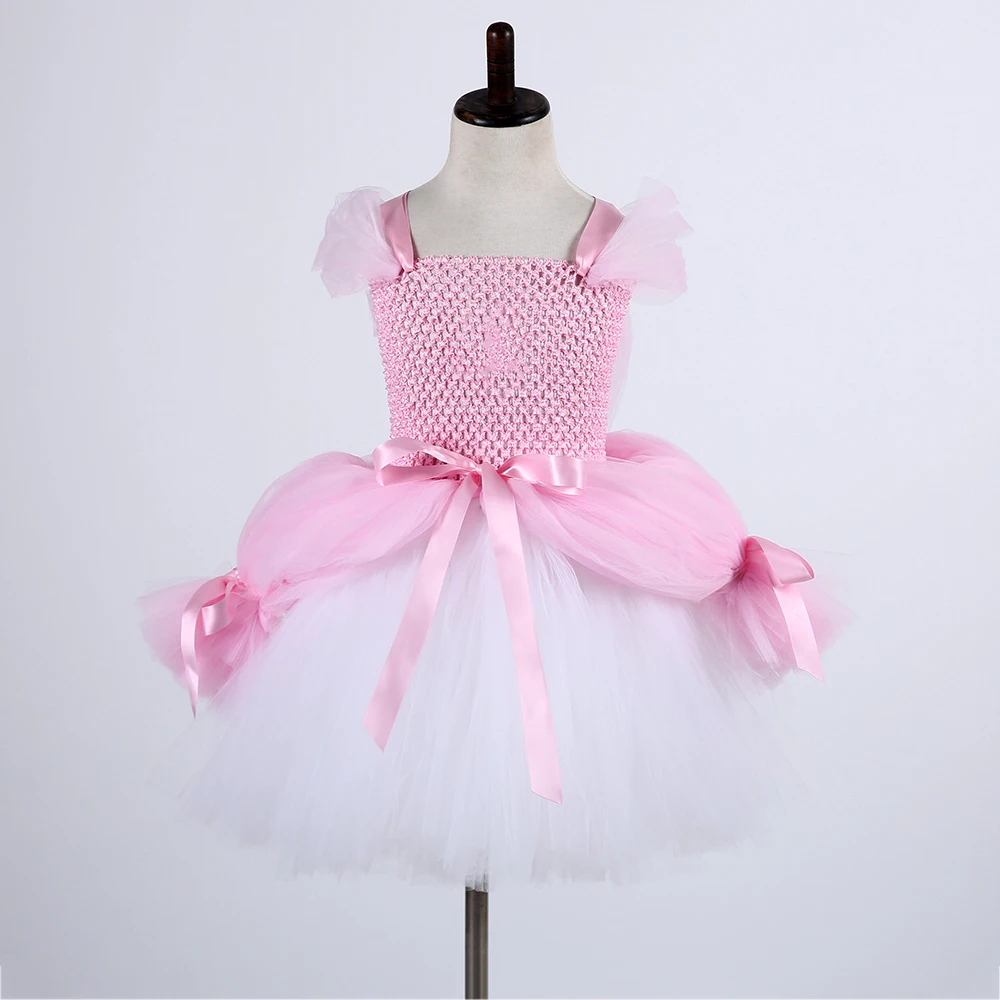 

Fancy Princess Ariel Under The Sea Kid Big Bow Tutu Party Dress for Girl Pink White Sleeveless Round Collar Polyester Mesh Dress