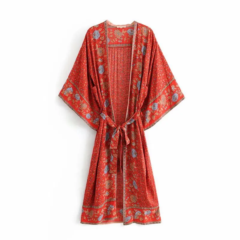 

2019 Red Floral Print Boho Chic Summer Beach Long dress Women Casual Bat sleeve Lace-up Kimono dresses Female vestidos#C860