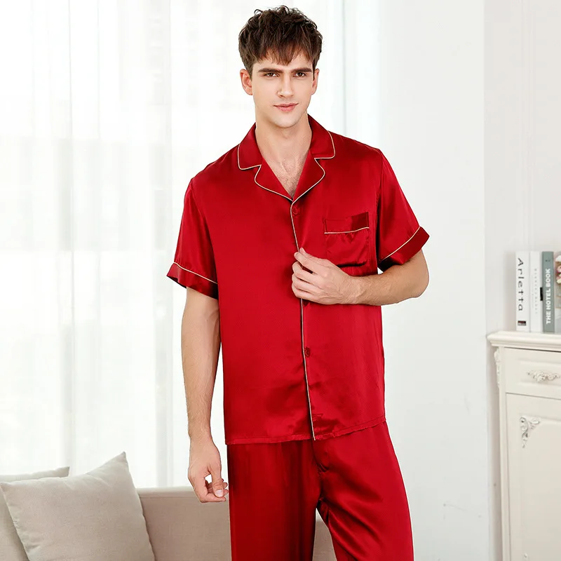 Genuine Silk Pajamas Solid Color Man's Short-Sleeve Two-Piece 100% Silkworm Silk Sleepwear Male Pyjama Sets T9001
