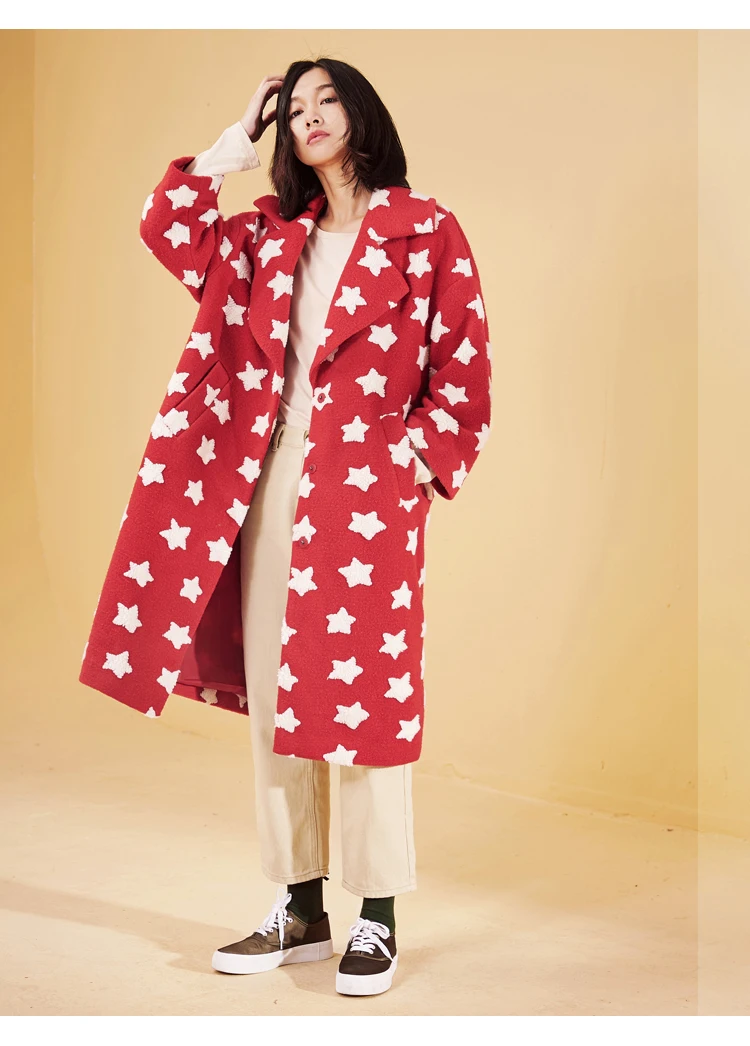 Samstree, зимнее женское пальто из смешанной ткани, с открытыми плечами, с принтом звезды, с широкой талией, женское длинное пальто Harajuku, верхняя одежда