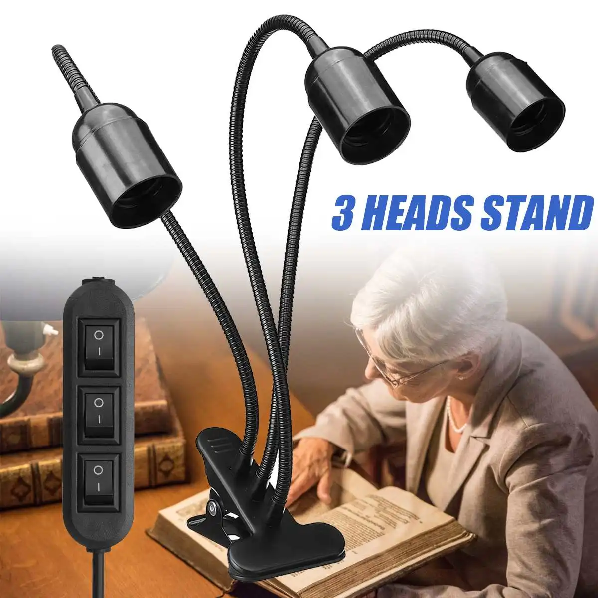  Flexible Plant Growth Light Base Stand 3 Heads Clip-On Desk Light E27 Bulb Stand Holder Kids Study 