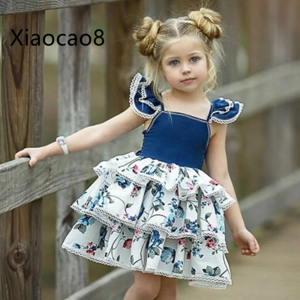 

Summer Kids Baby Print Layered Dresses for Girls Sleeveless Princess Dress Toddler Little Girl Costume Children Colthes 2T -7T